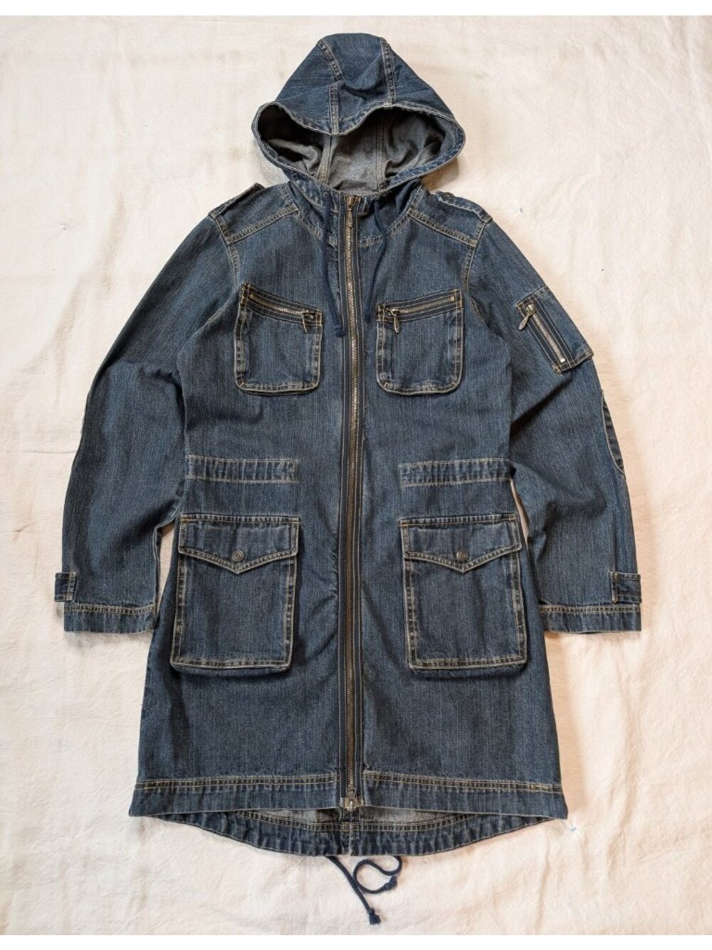 No Boundaries Vintage 90s Y2K Denim Goth Grunge Zip Hooded Trench Coat Juniors M